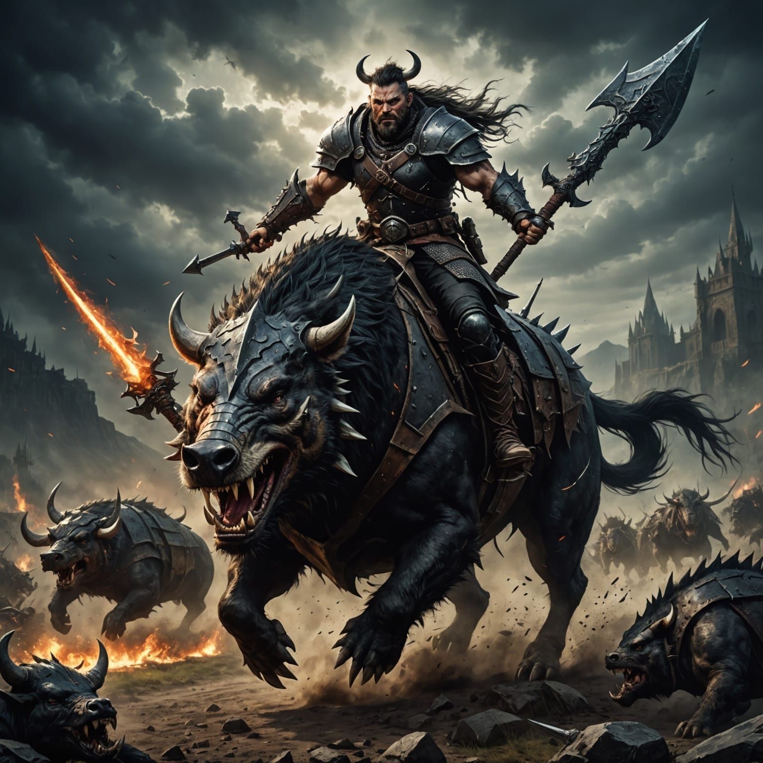 Savage Hog Rider on Armored Boar in Gothic Art