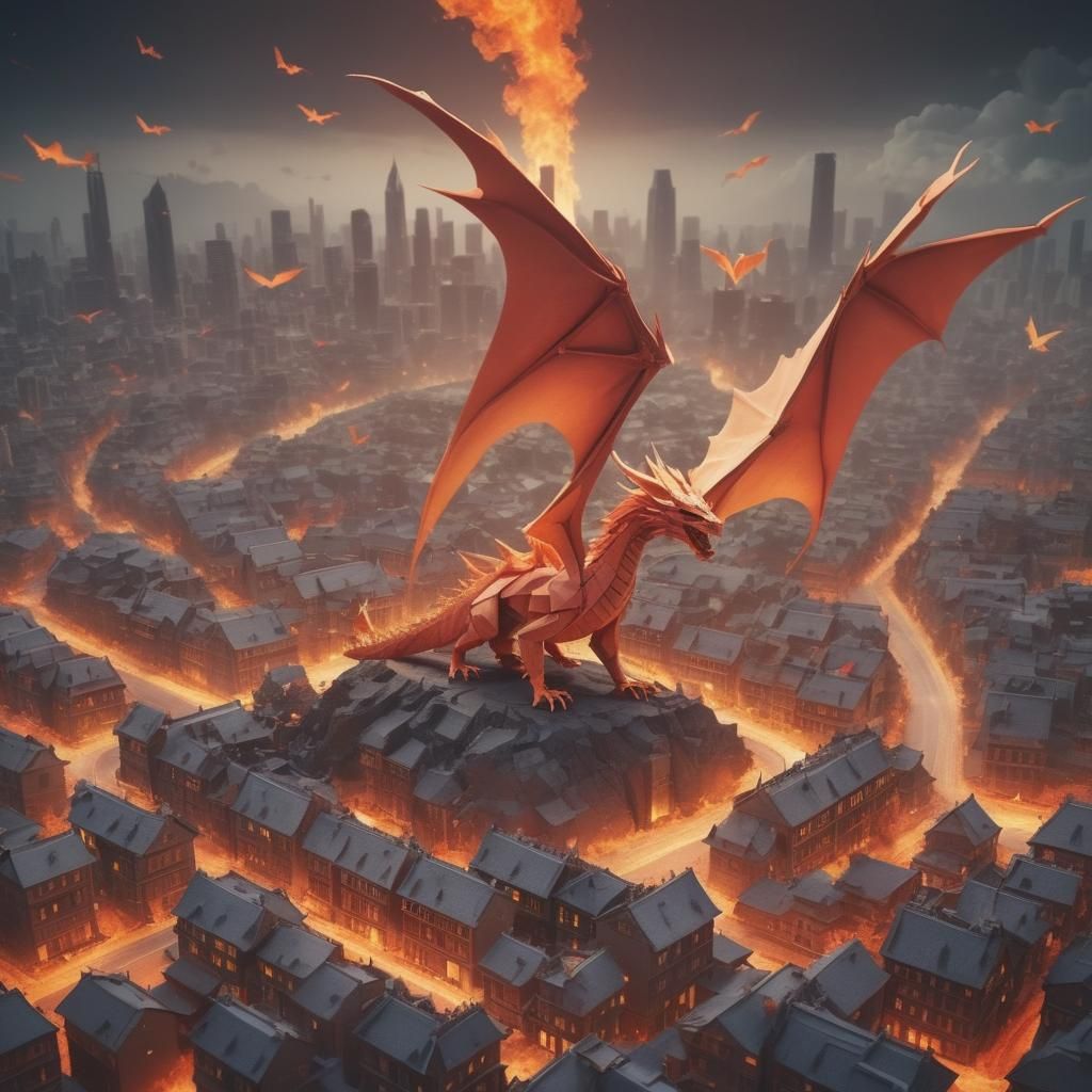 Glowing Dragon Over a City Ablaze: Origami Papercraft