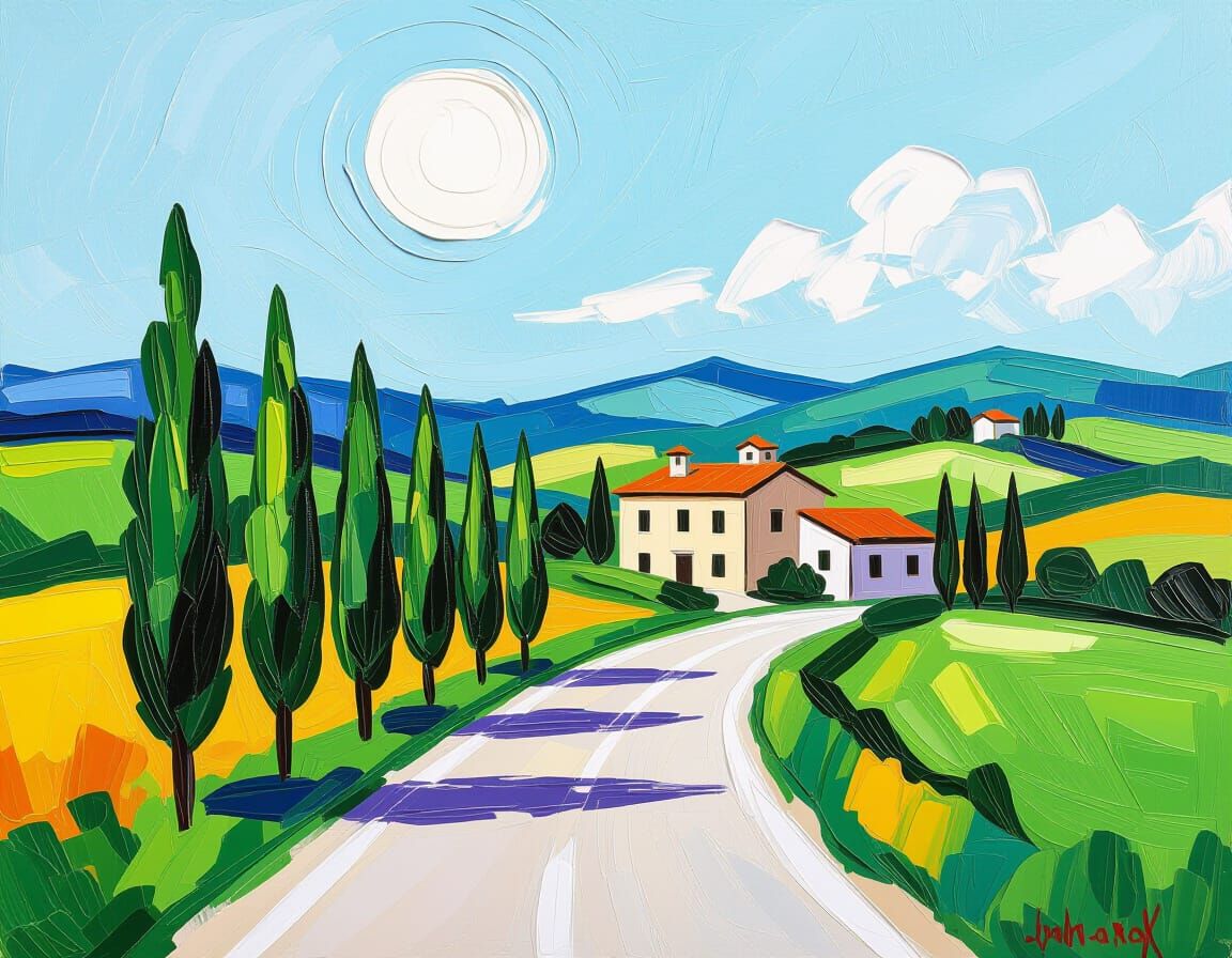 Impasto Painting of Italian Villa Amidst Green Rolling Hills