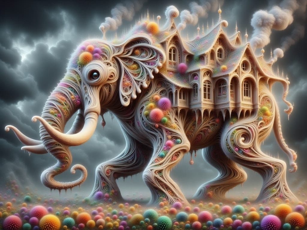 Surreal Elephant in Fractal Lace Style with Wonky Houses