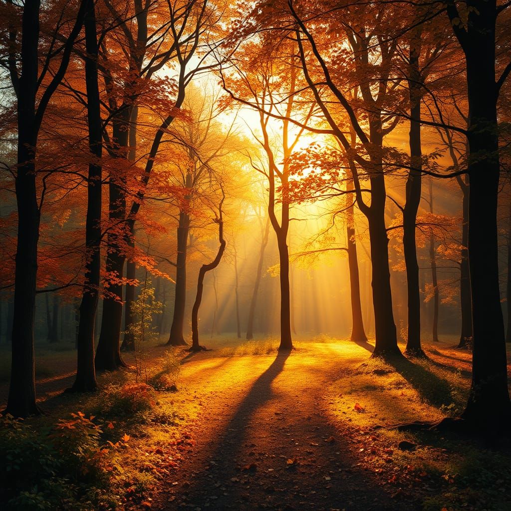 Whimsical Golden Forest Scene in Dreamy Surreal Style