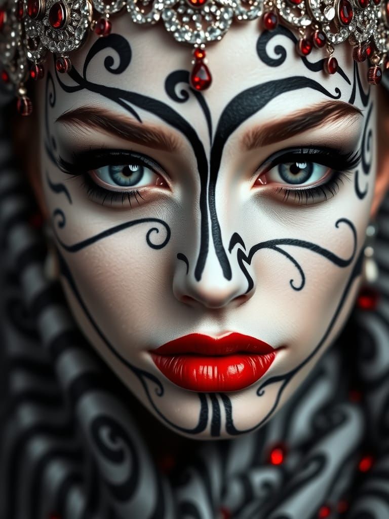 Surreal Portrait of a Serene Woman in Intricate Face Paint