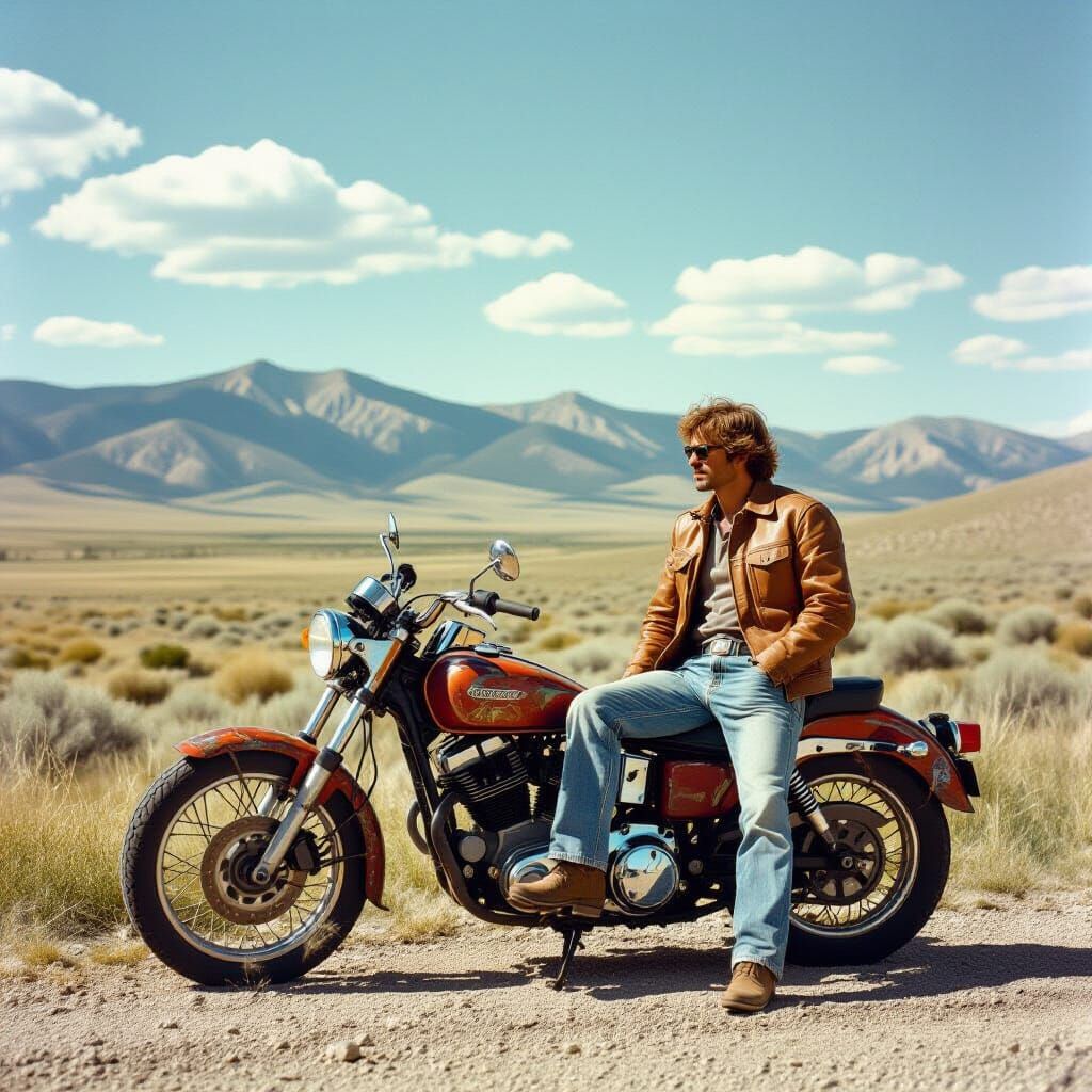 Man on Motorcycle: 1970s 35mm Film Photo