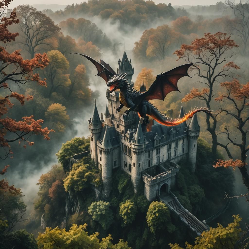 Dragon Flight Over Misty Castle Ruins
