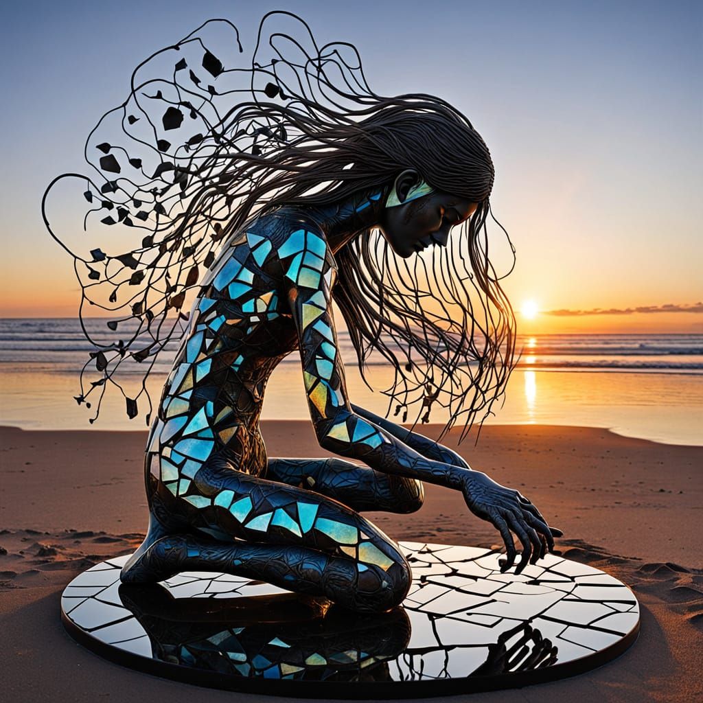 Surreal, Bio-Art Sculpture of Woman in Sunset, Embracing Cha...