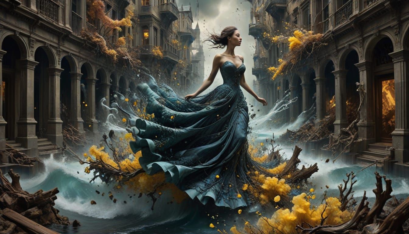 Surreal City Collapse: Woman in Elaborate Gown