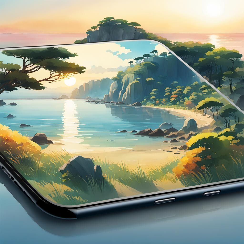 Seaside Landscape on Smartphone in Ghibli Style