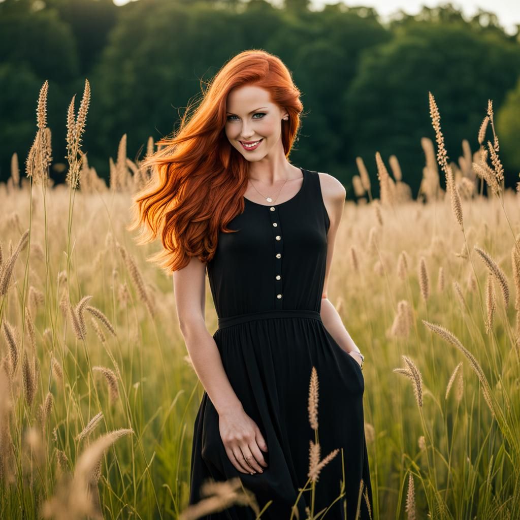 Redhead in Black Dress in Field