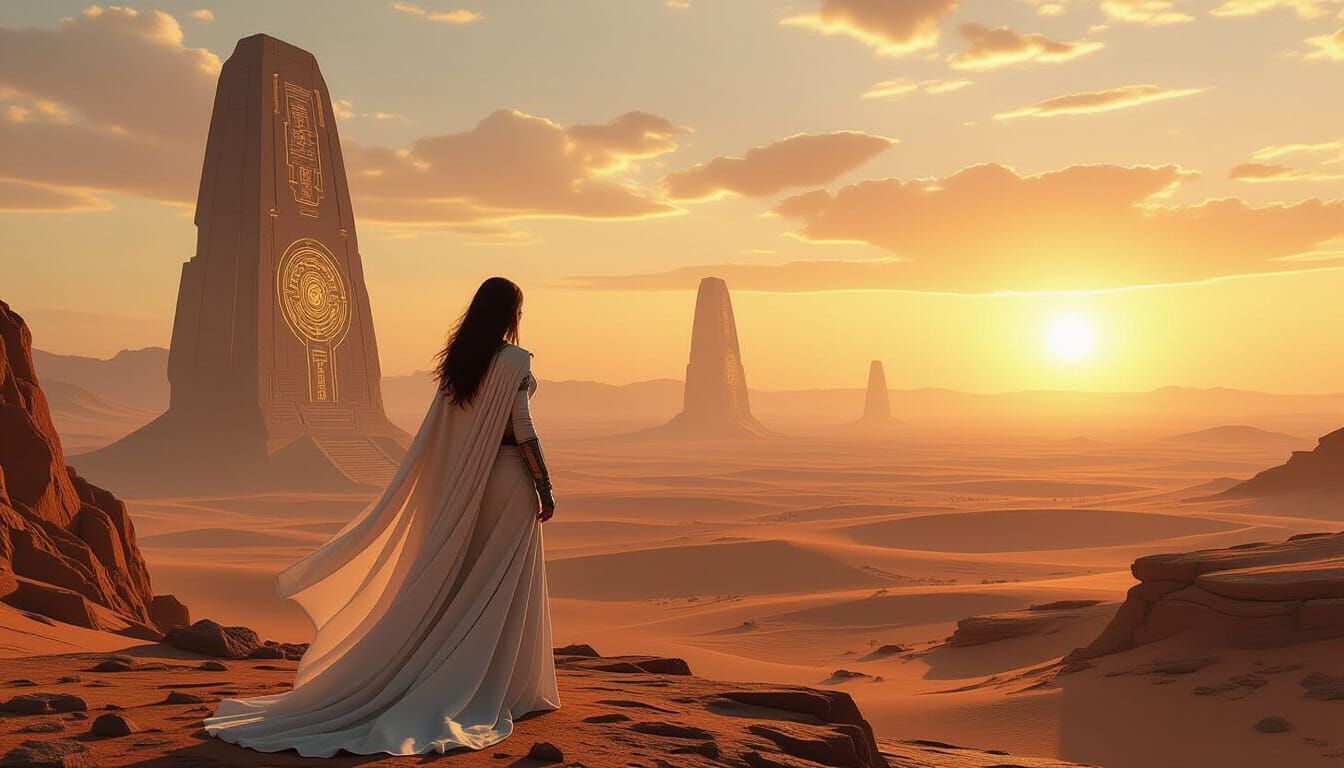 Lone Woman on Alien Desert Precipice Under Binary Sunset