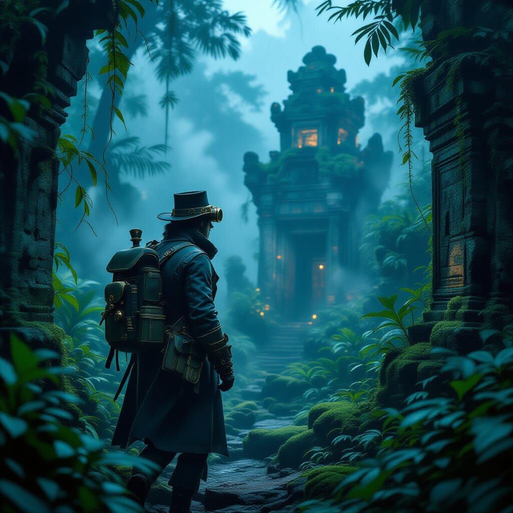 Victorian Explorer in Glowing Jungle Ruins