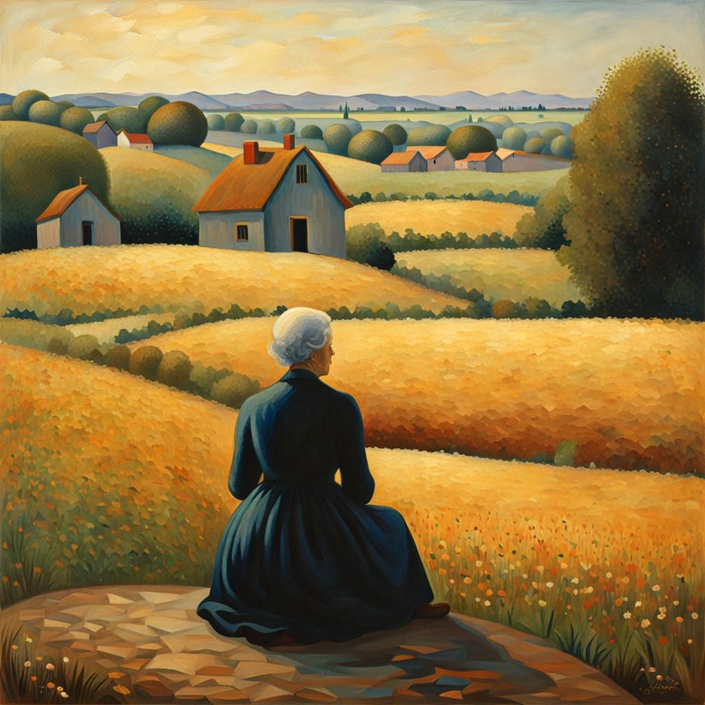 An older woman sitting alone in rural landscape, showing thought, depression, frustration, isolation in the style of Geo...