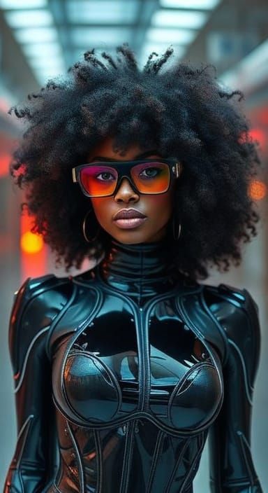 Black Woman in Futuristic Bodysuit with Neon Accents