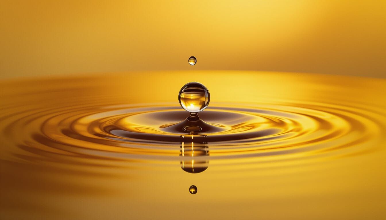 Golden Water Droplet Suspended in Serene Reflection