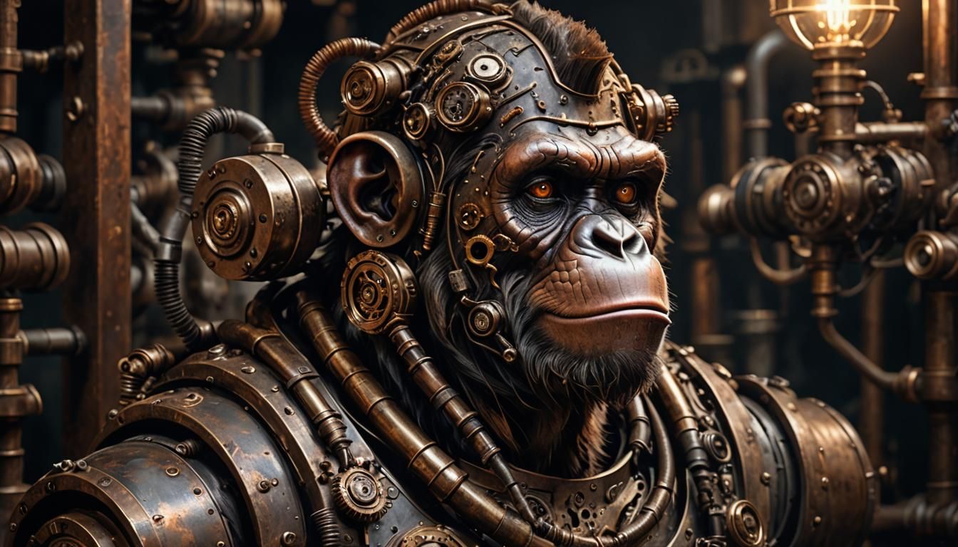 Steampunk Chimpanzee Portrait in Hyperrealistic Style