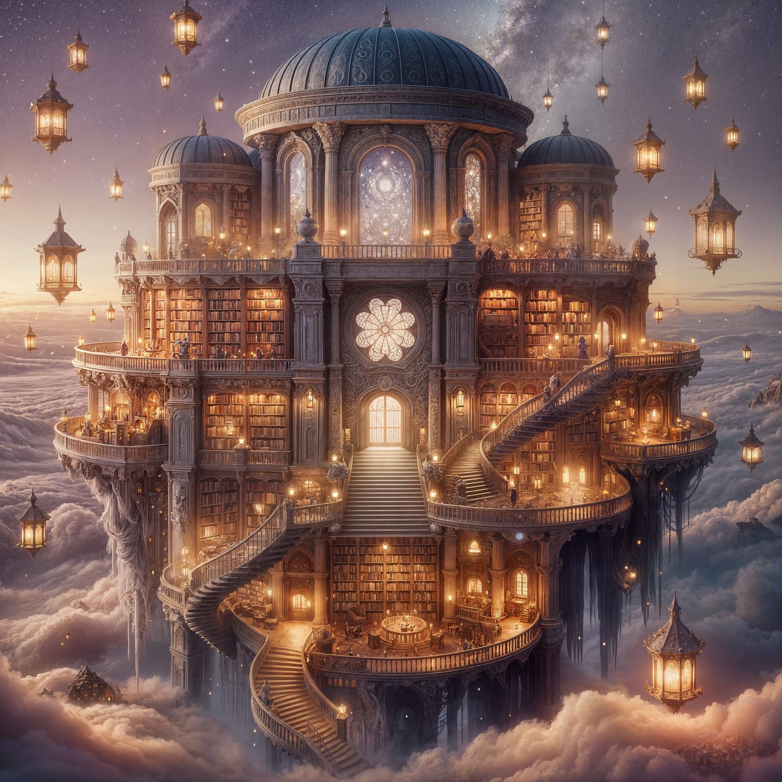 Floating Library Above Dreamy Landscape