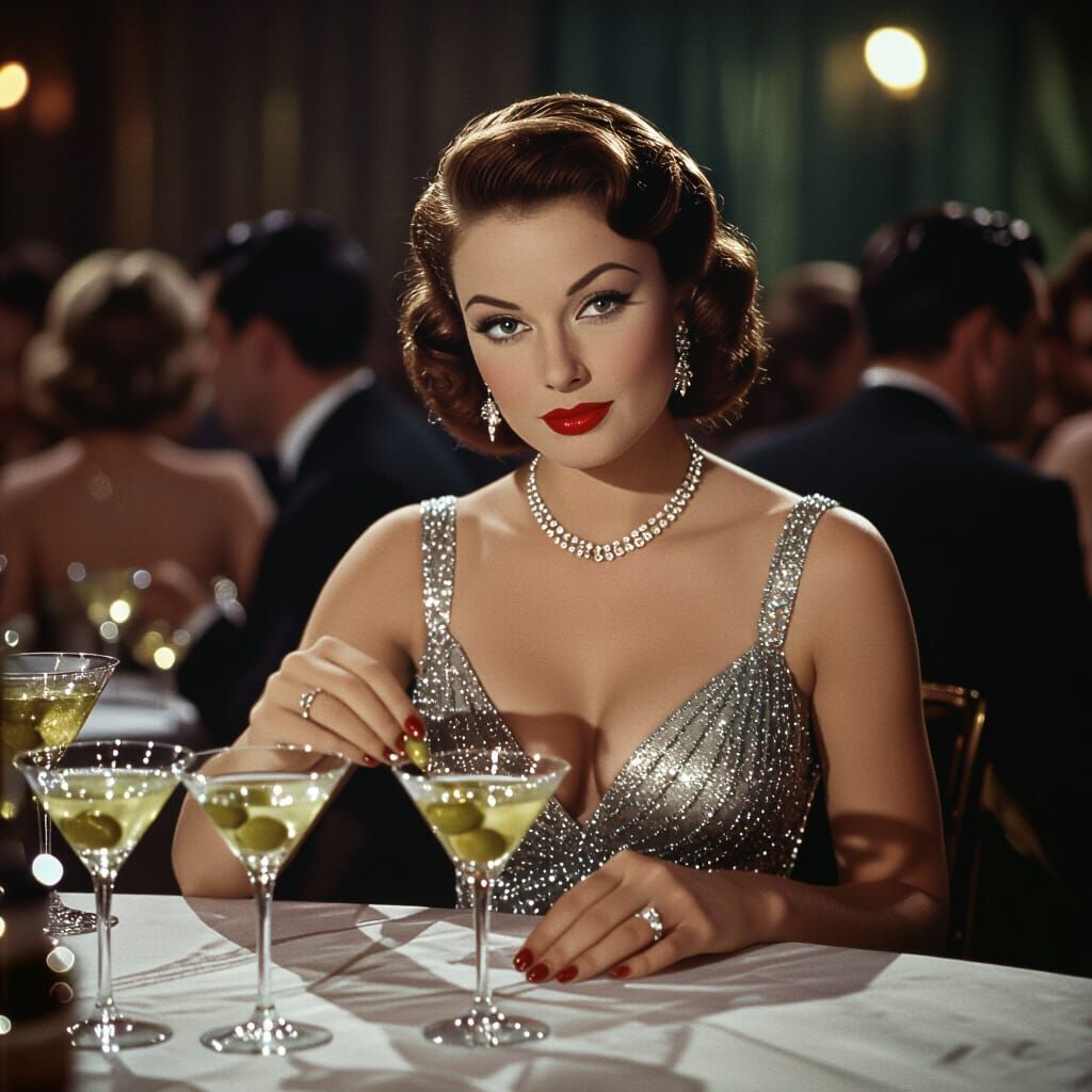 Glamorous Woman's Mischief at 1950s Cocktail Party
