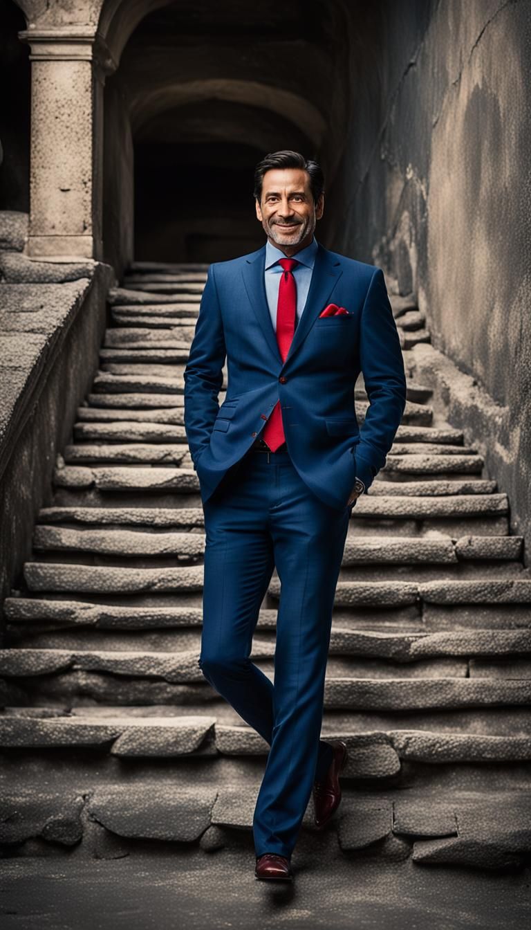 Man in Blue Suit on Staircase to Clouds