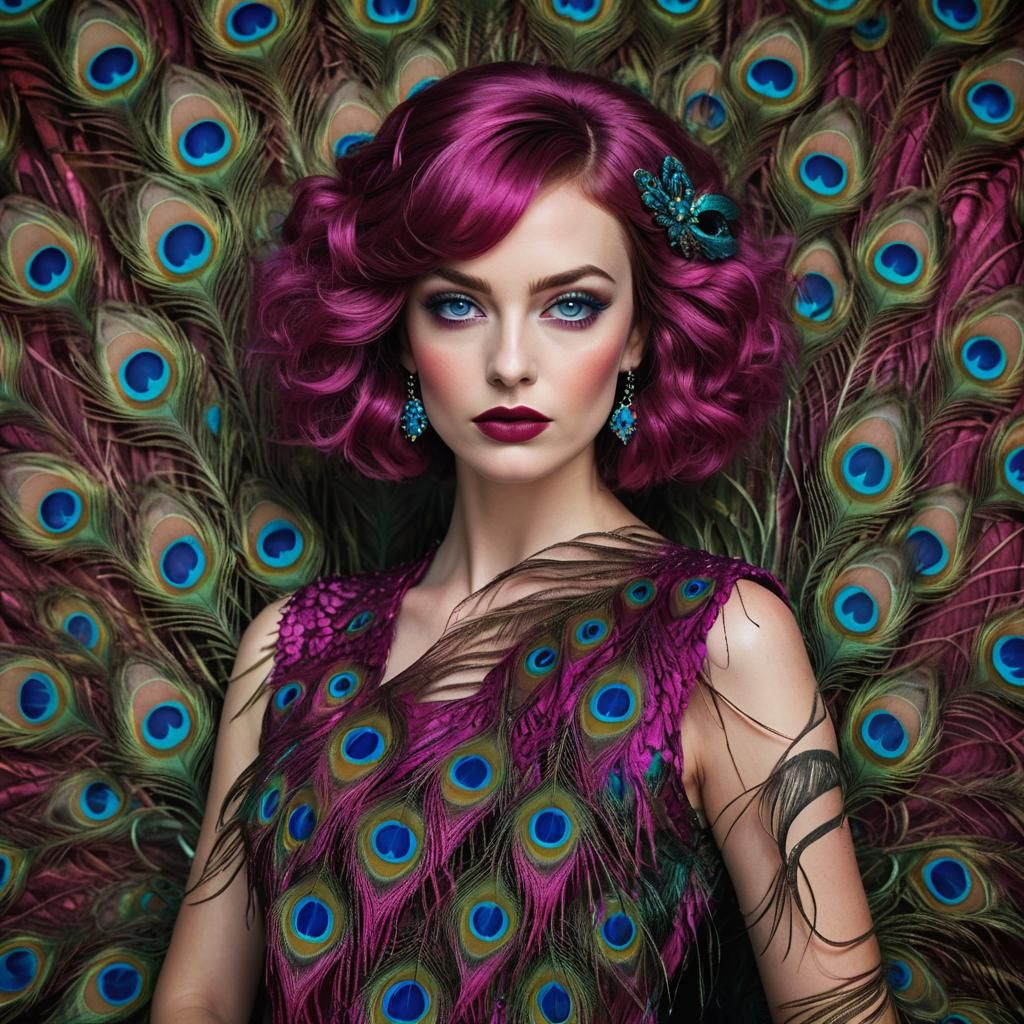 Exotic Woman with Peacock Feathers Hair, Hyper-Realistic Por...