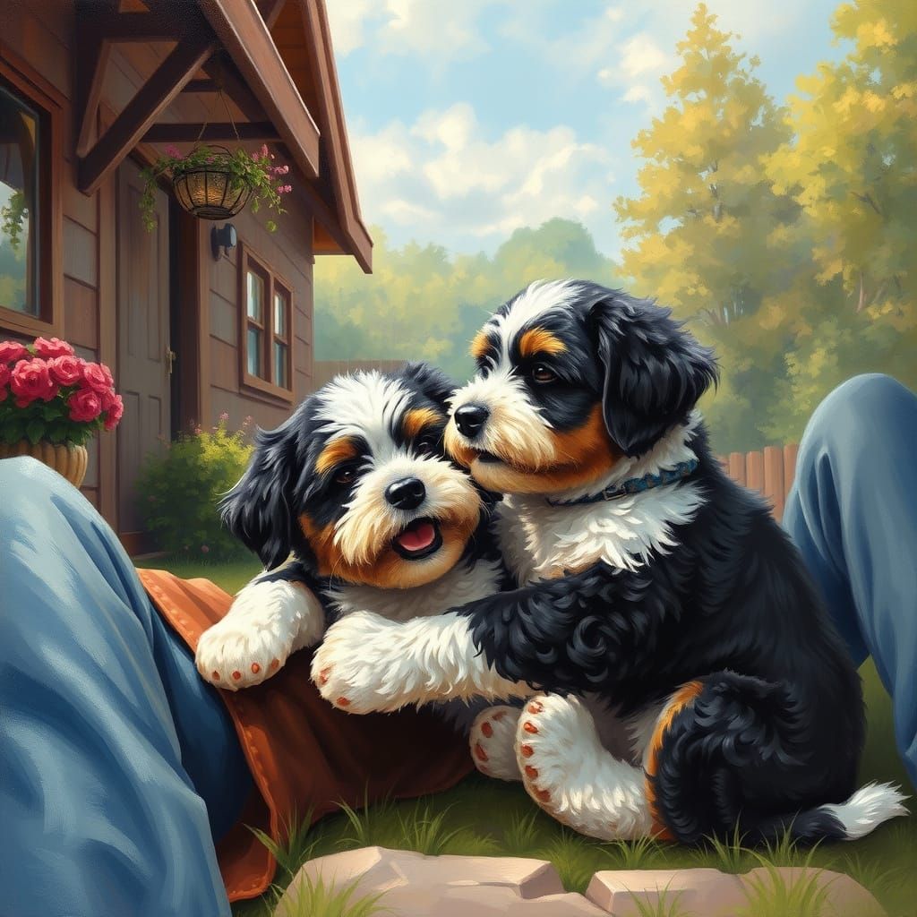 Playful Bernedoodle Puppy Captured in Whimsical Art