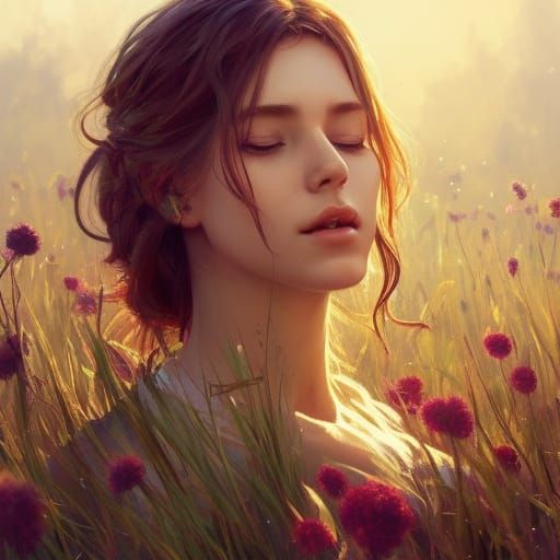 Flower Meadow Portrait in Art Nouveau Style