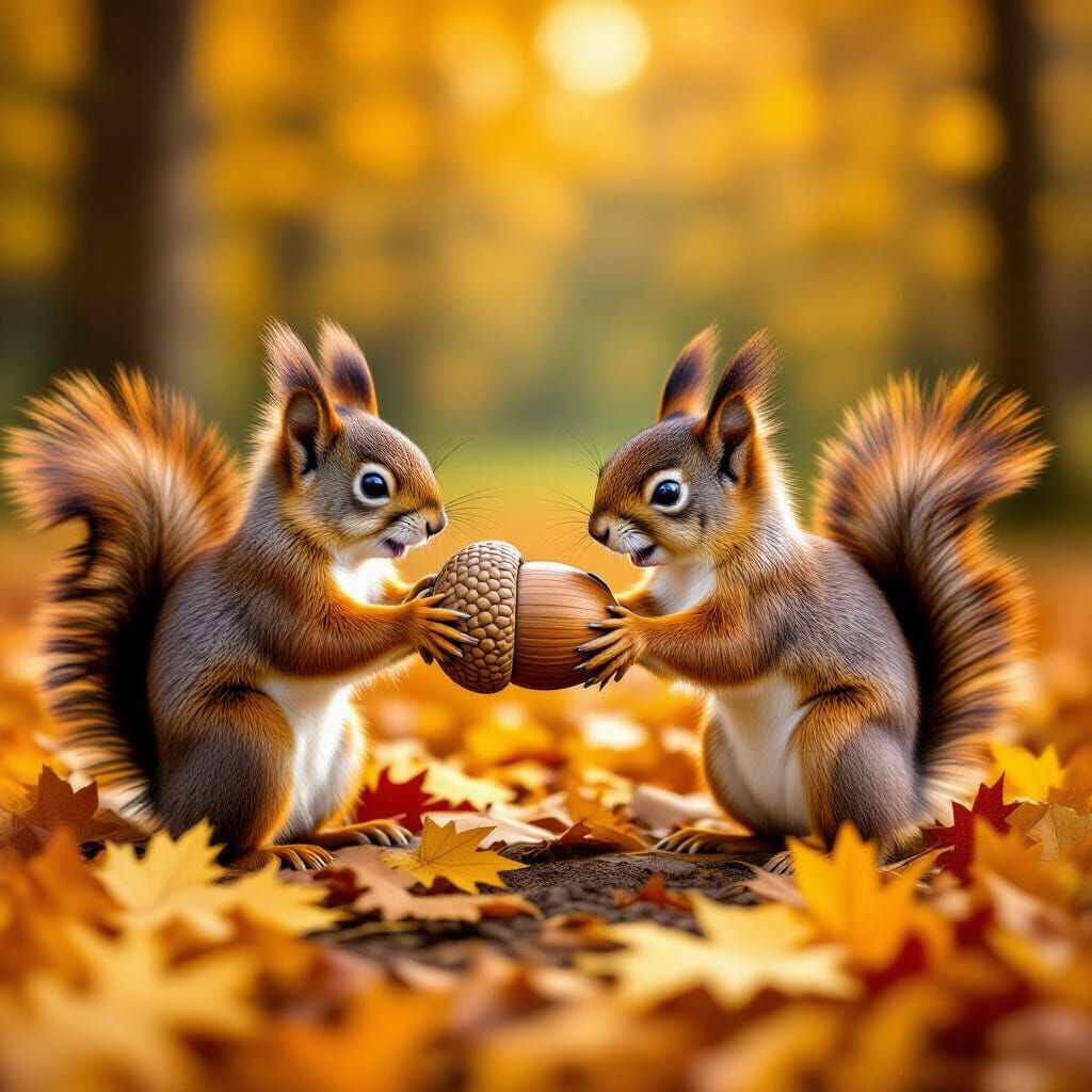 Squirrels Play Tug-of-War with Acorn Amidst Autumn Leaves