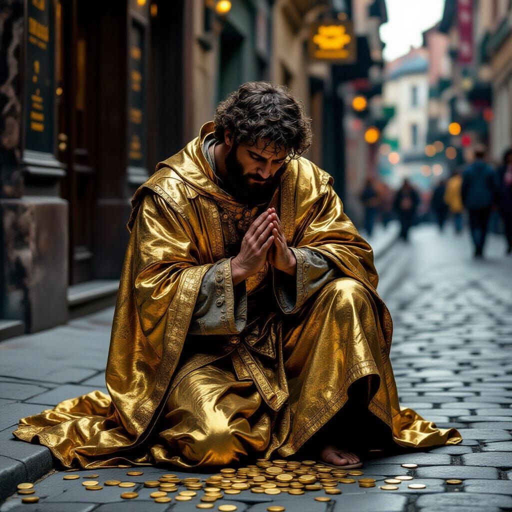 Gilded Beggar's Plea: A Renaissance-Inspired Scene