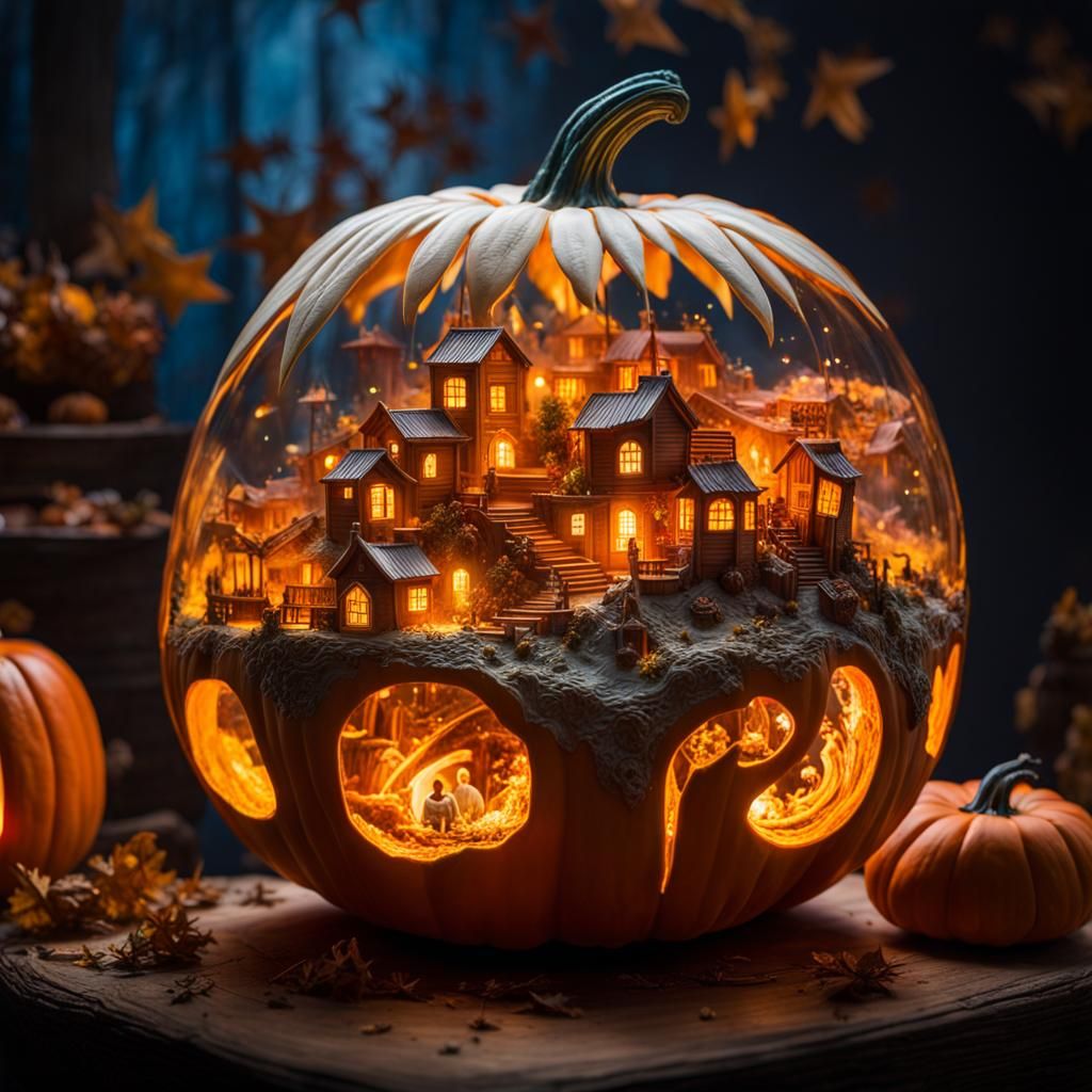 Intricate Miniature Village Inside Pumpkin Carving