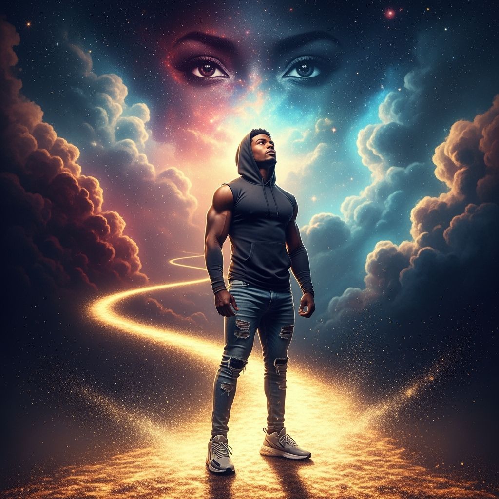 Football Player Gazes at Cosmic Goddess in Starry Sky