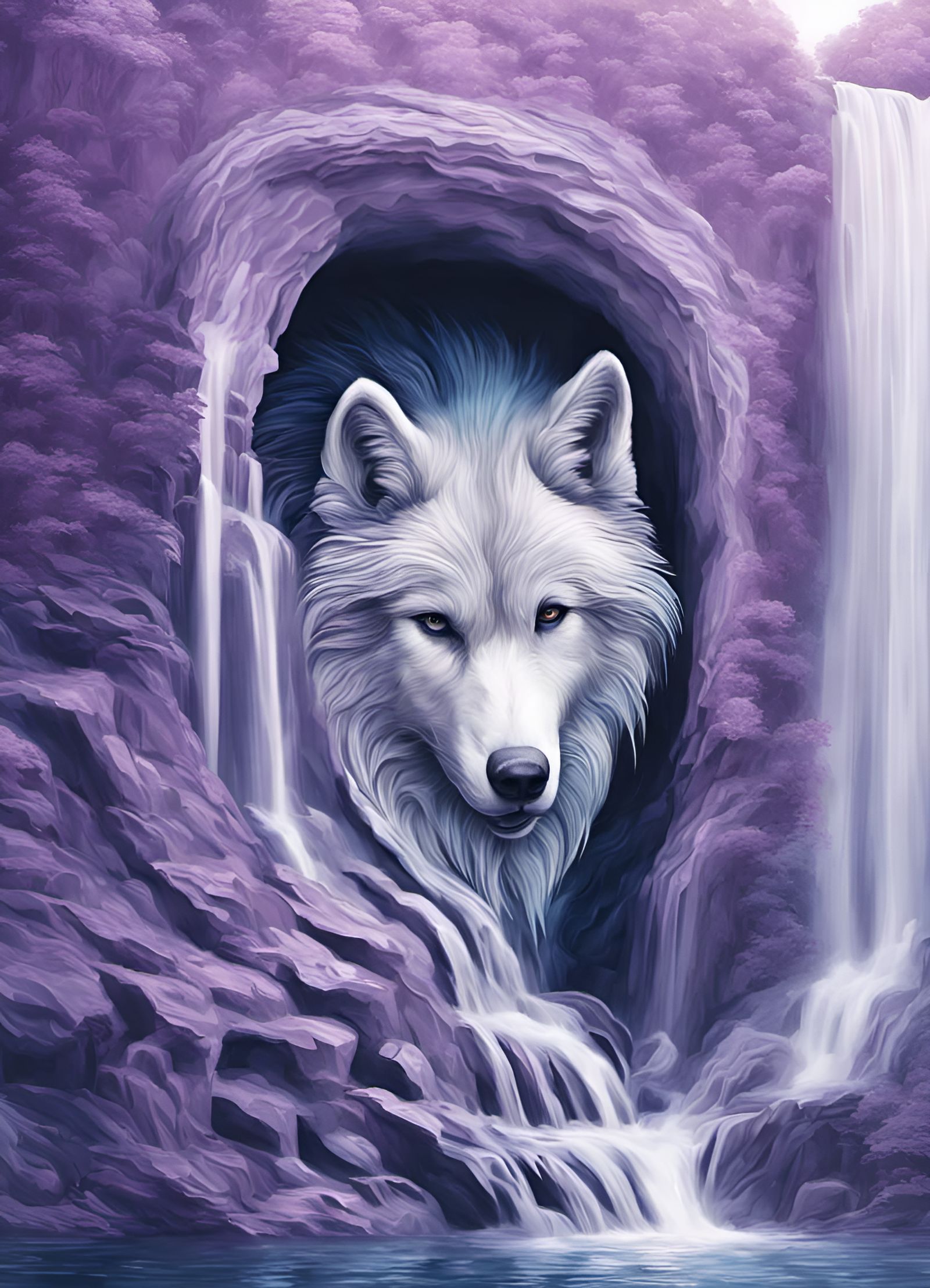 Wolf Face Blended into Waterfall with 3D Shading