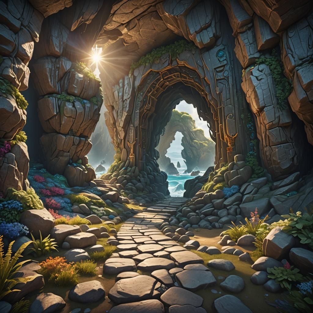 Magical Stone Path Portal to Sea, Fantasy Art
