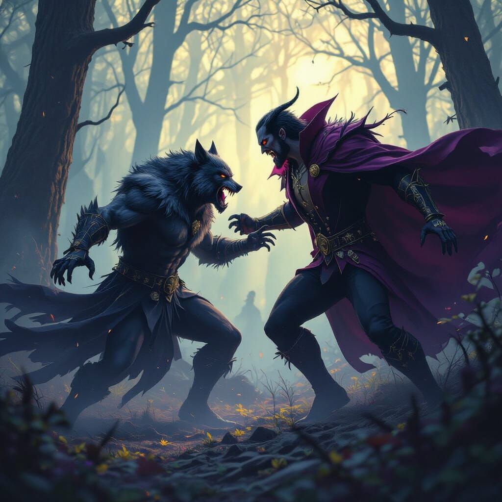 Wolf Man vs Vampire Battle in Dark Fantasy Style
