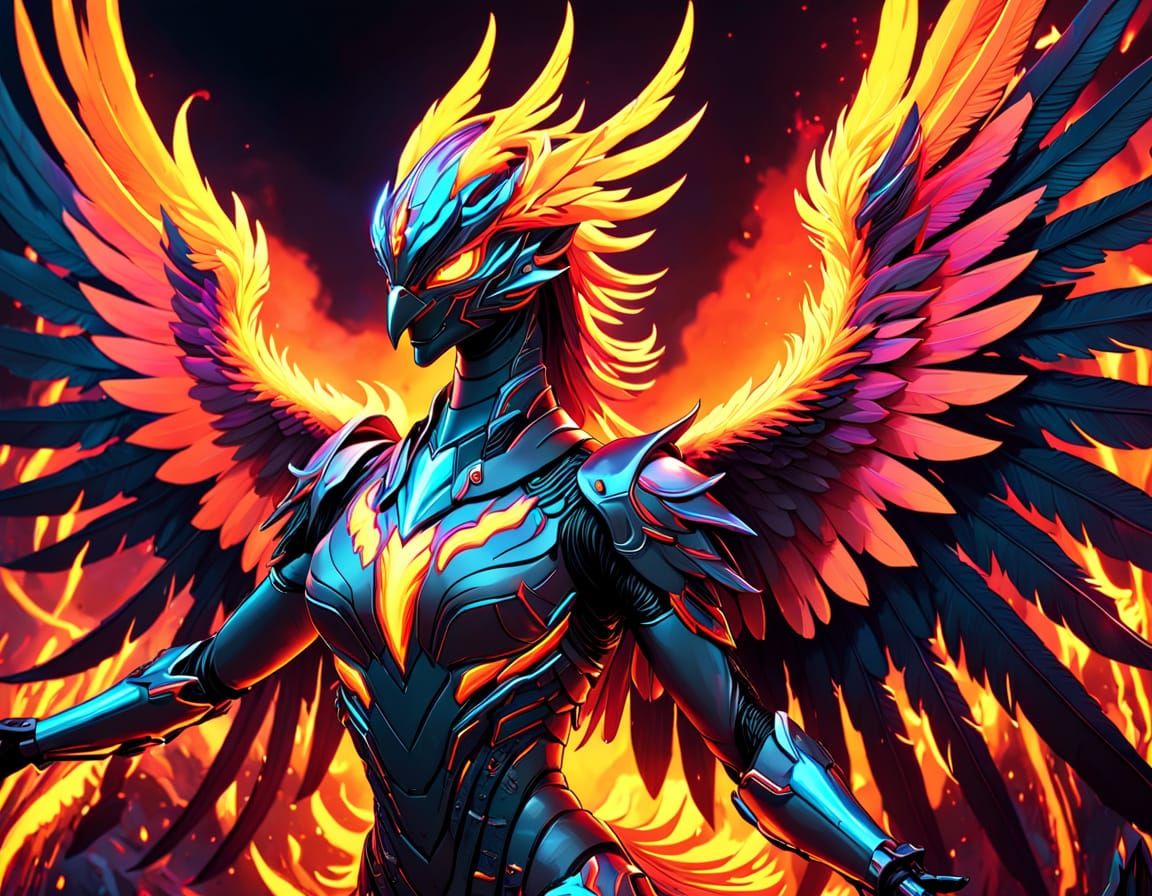 Cyberpunk Phoenix Rising From Lava - Biomechanical Art