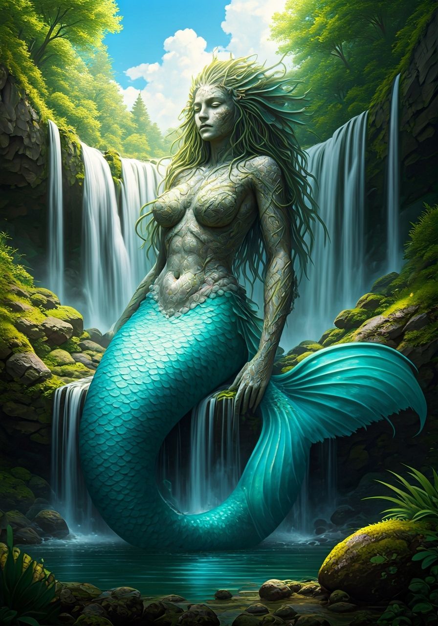 Stone Giantess Mermaid Lounging by Waterfall