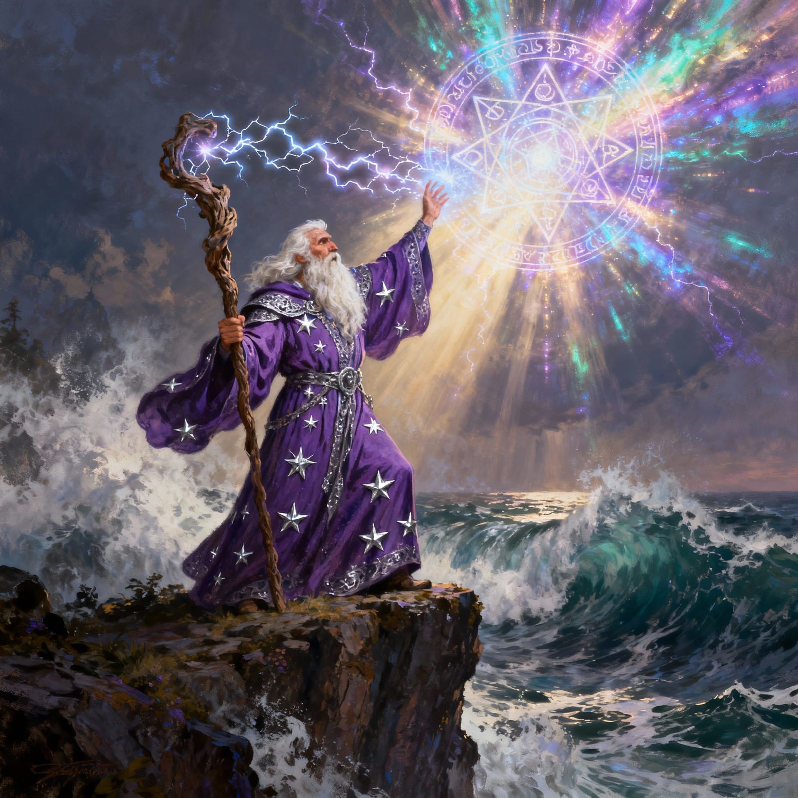 Wizard Casting Powerful Spell on Stormy Cliff