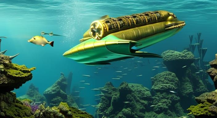 Steampunk Submarine Adventure in Colorful Coral Reef