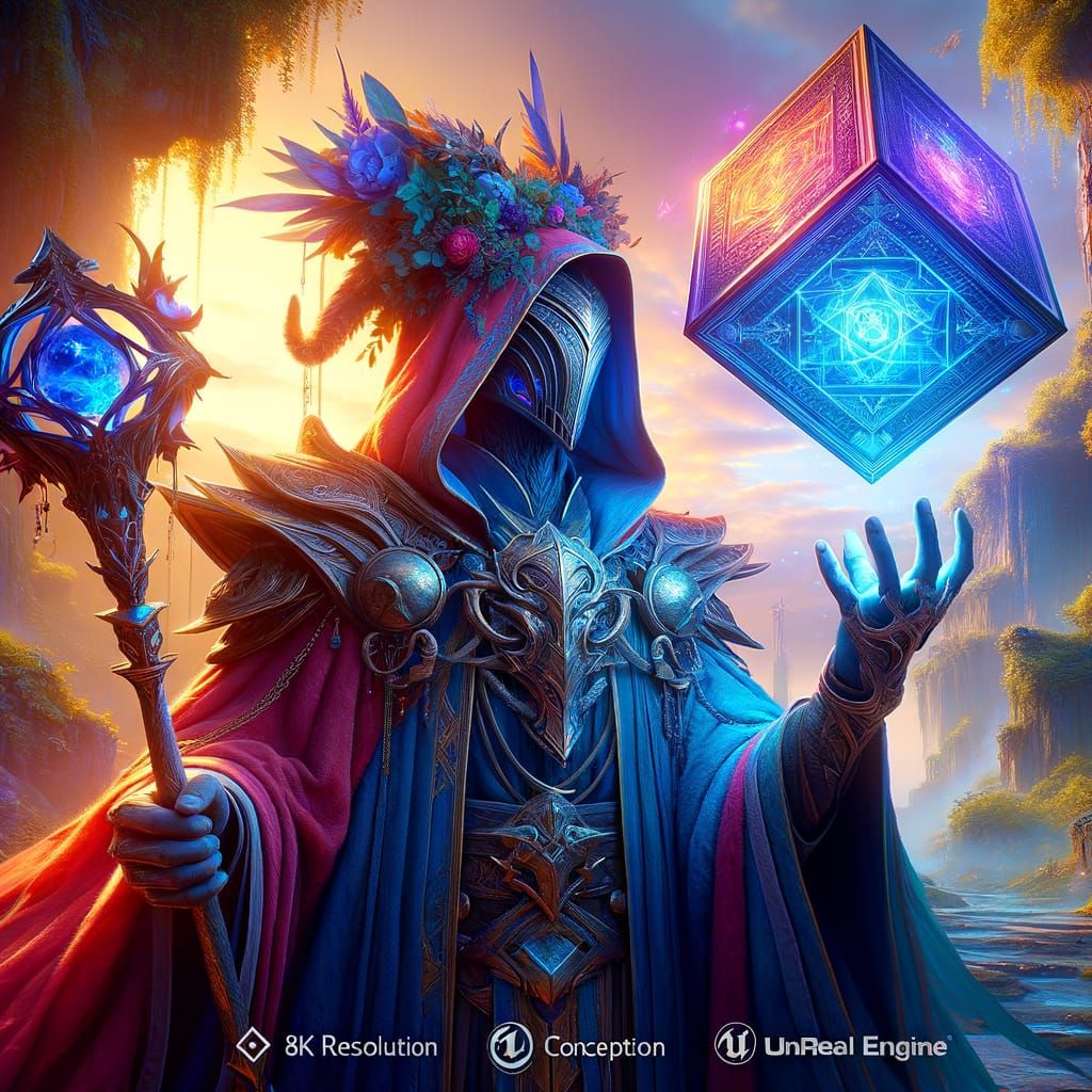 Fantasy Mage with Cubic Artifact in Deep Colors
