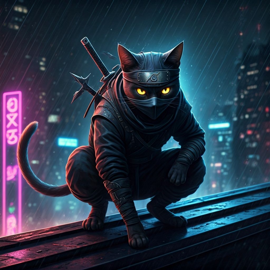 Ninja Black Cat on Neon City Rooftop