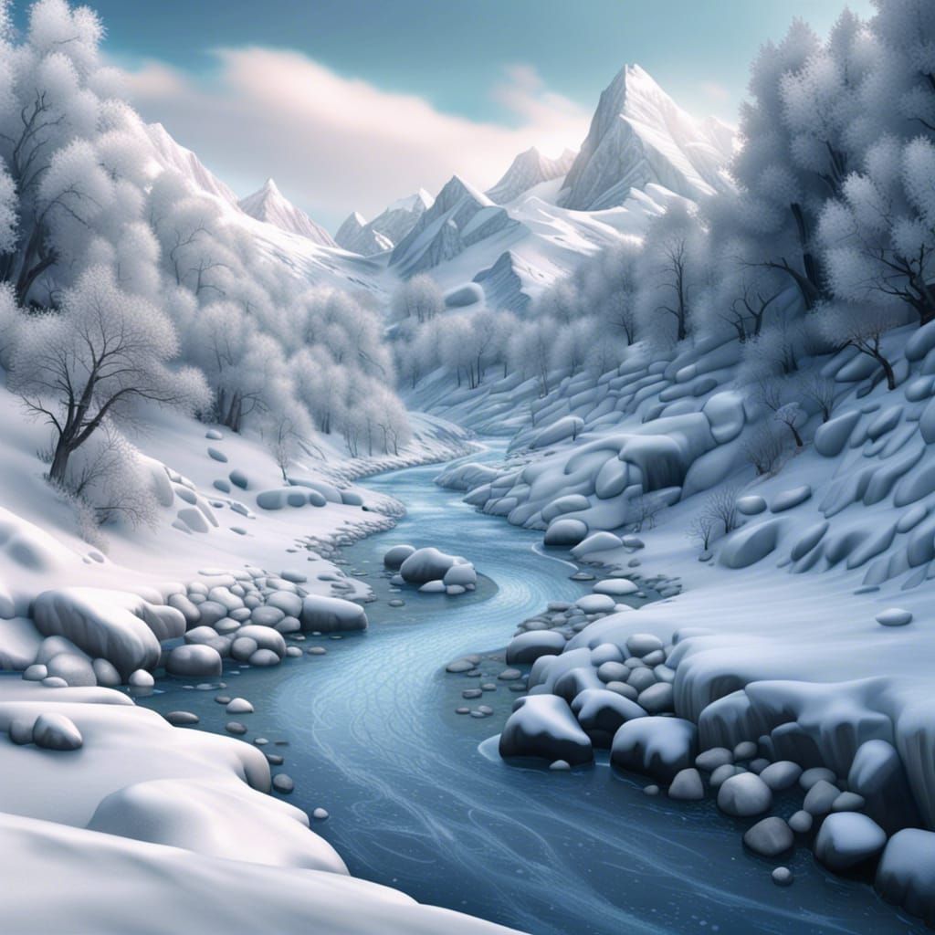 Photorealistic Frozen River in Mountain Landscape