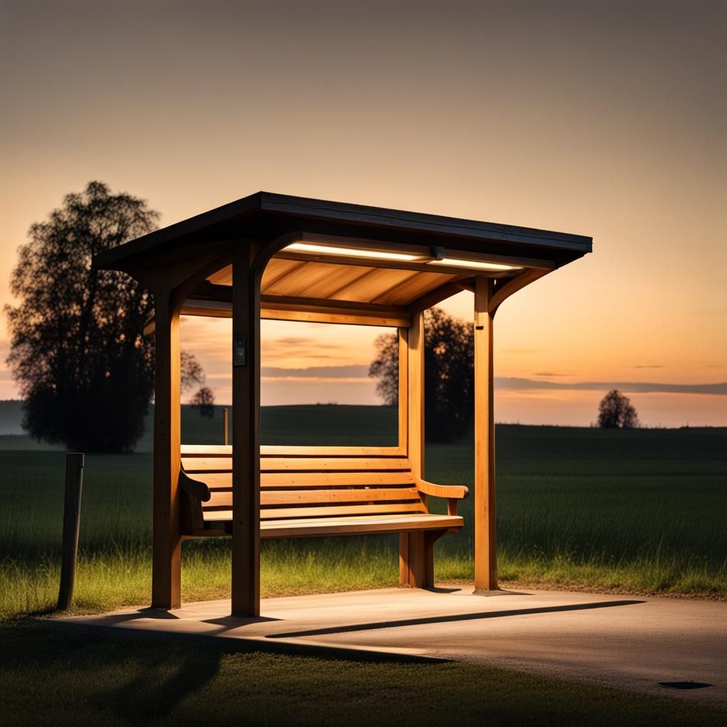 Rustic Bus Stop at Dusk with Lace Curtains