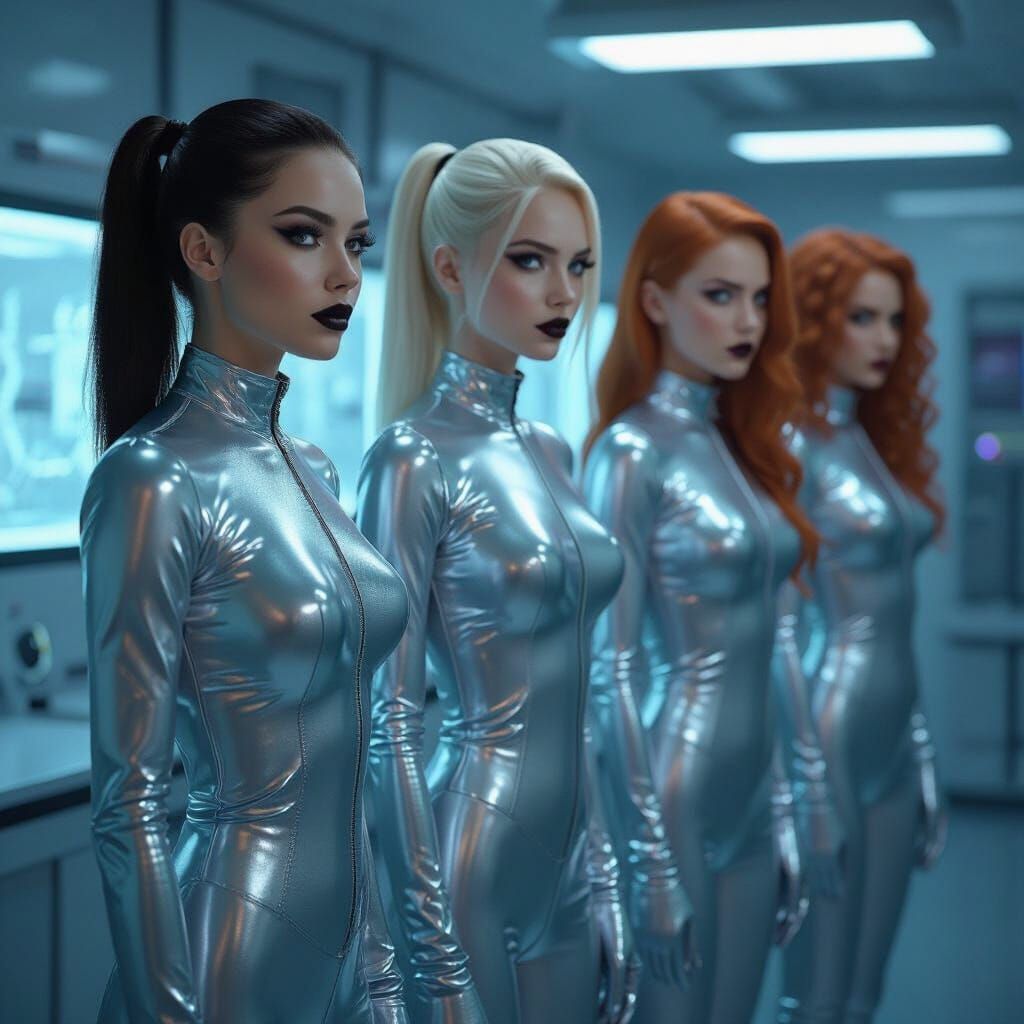 Hypnotized Women in Silver Jumpsuits in Futuristic Lab