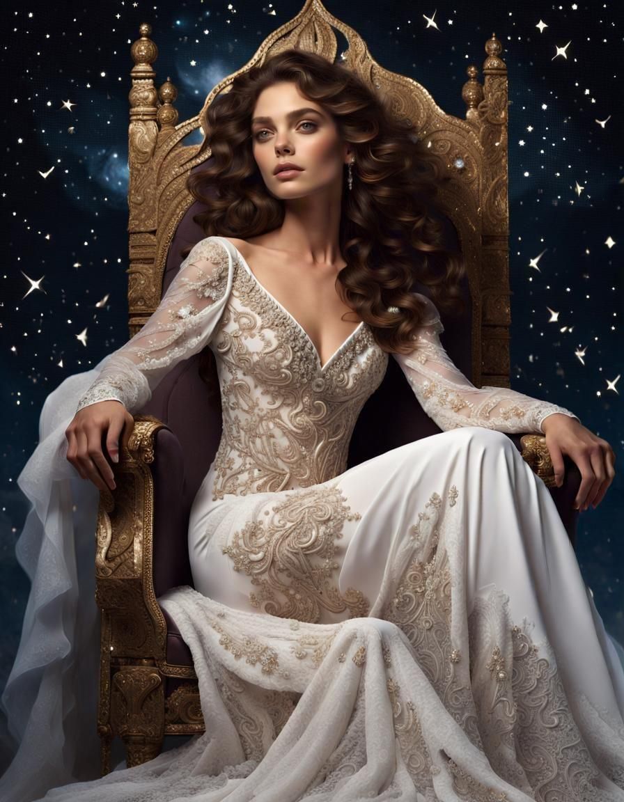 Celestial Queen on Star Throne in Lace Dress