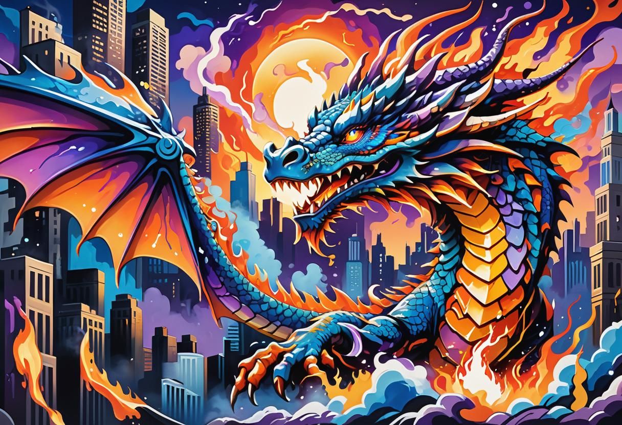 Fiery Dragon Graffiti Art in Fantasy Cityscape