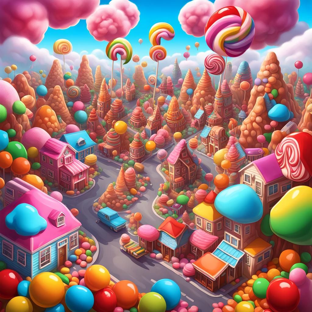 Colorful Candied Town with Gummy Bears, Digital Art