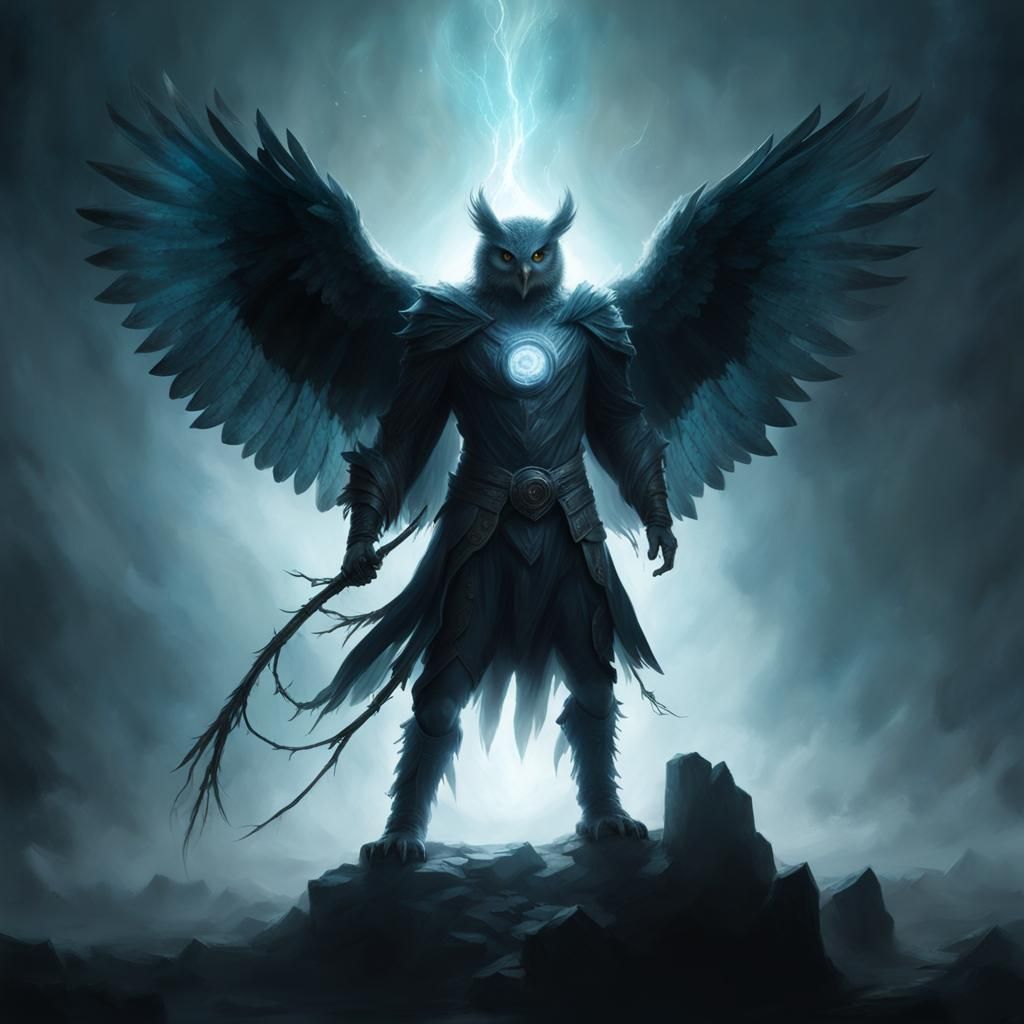 Ethereal Bioluminescent Owl-Man in a Dark Realm