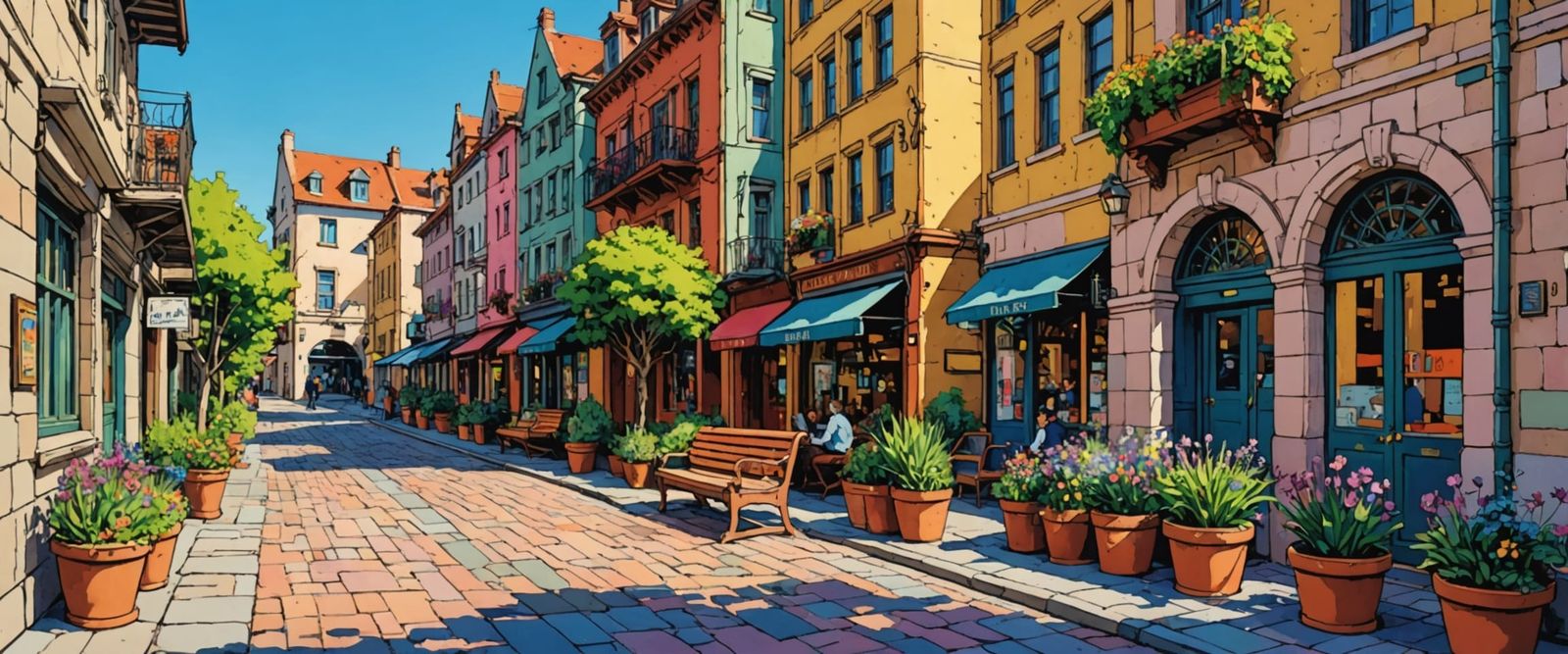 High Street Scene in Comic Book Watercolor Style