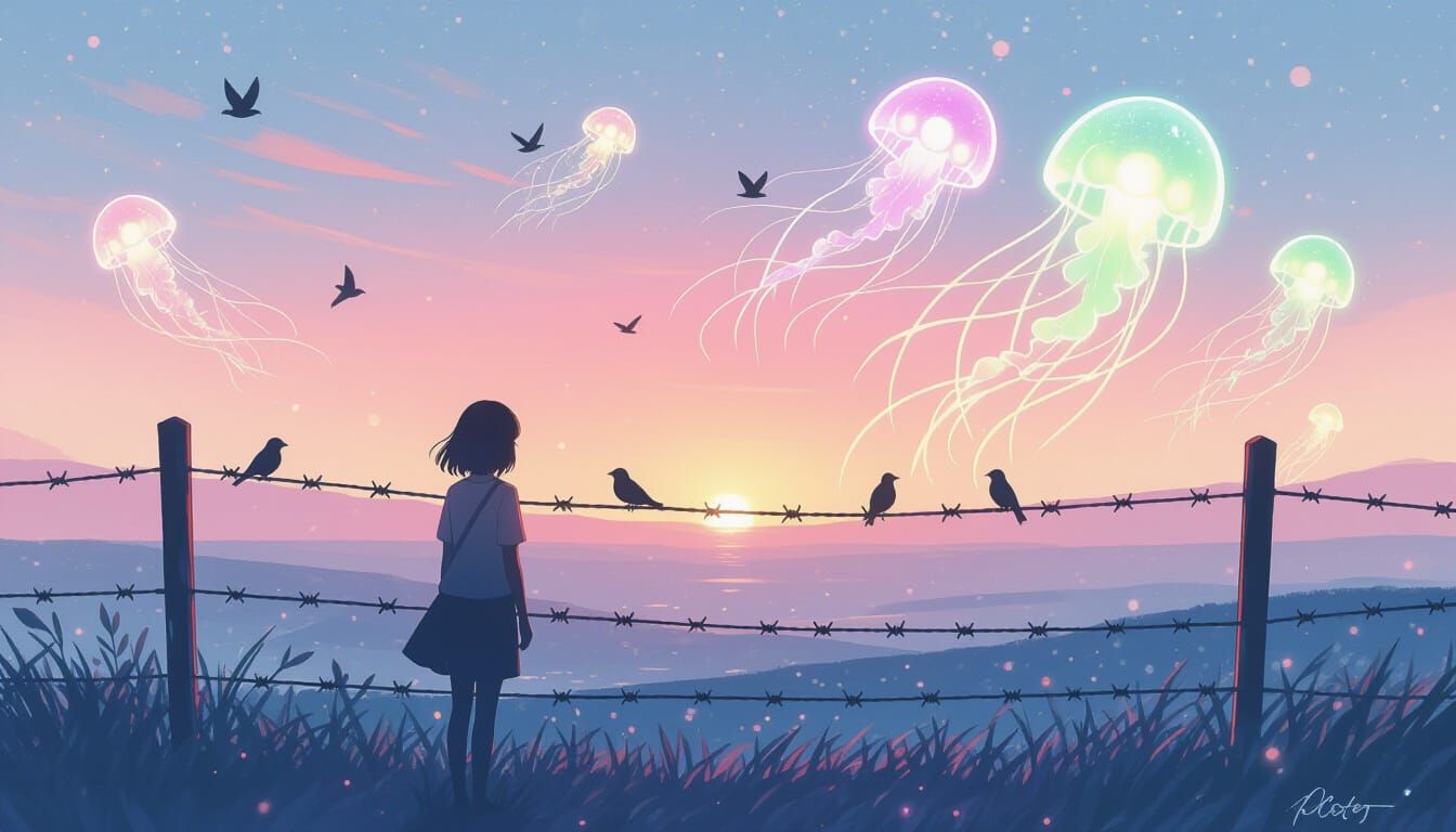 Watercolor Woman at Dusk with Jellyfish