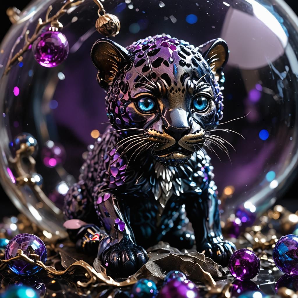 Menacing Baby Jaguar on Glass Globe in Dark Fantasy