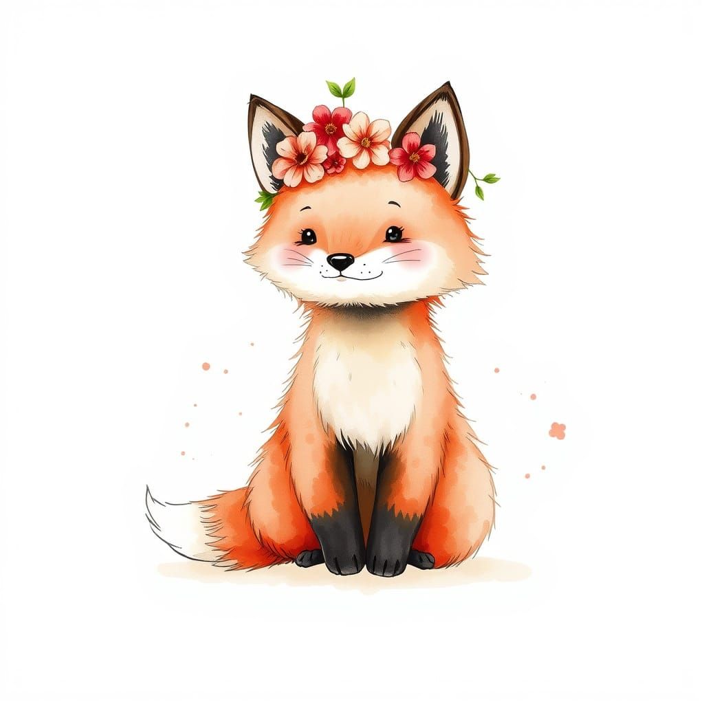 Fluffy Fox in Ink Splatter Style with Flower Crown