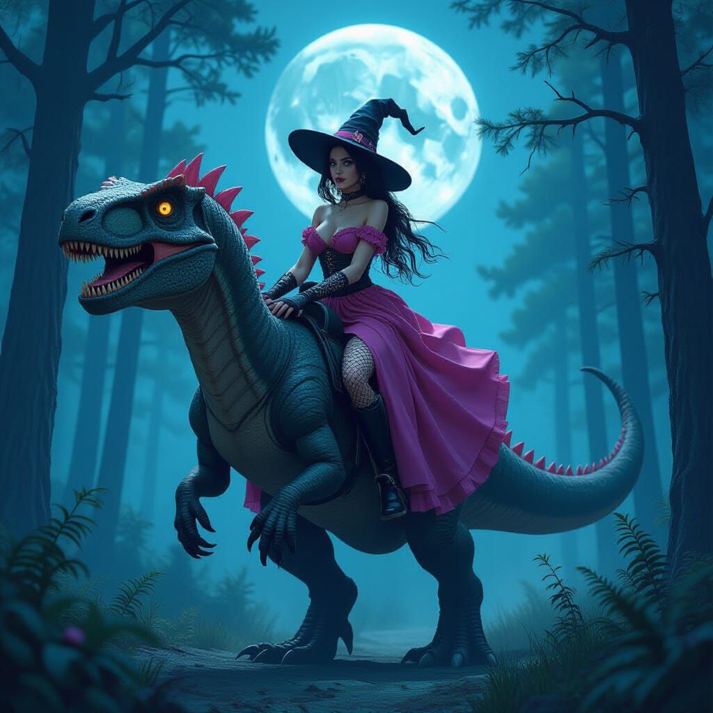 Goth Witch Rides Dinosaur Through Moonlit Forest