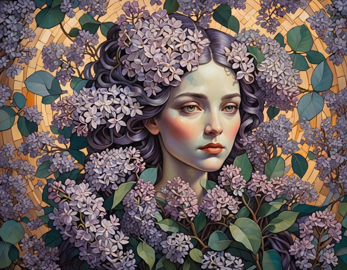 Lilac Flowers in Layered Cubist Composition